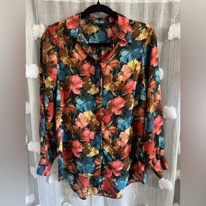 Zara Multicolor Floral Satin Button-Down Shirt